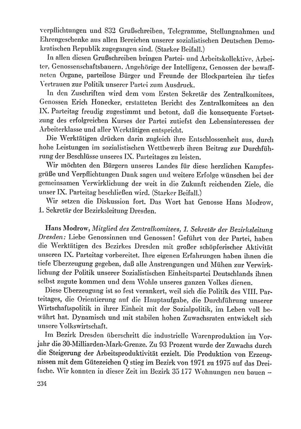 Protokoll der Verhandlungen des Ⅸ. Parteitages der Sozialistischen Einheitspartei Deutschlands (SED) [Deutsche Demokratische Republik (DDR)] 1976, Band 1, Seite 234 (Prot. Verh. Ⅸ. PT SED DDR 1976, Bd. 1, S. 234)