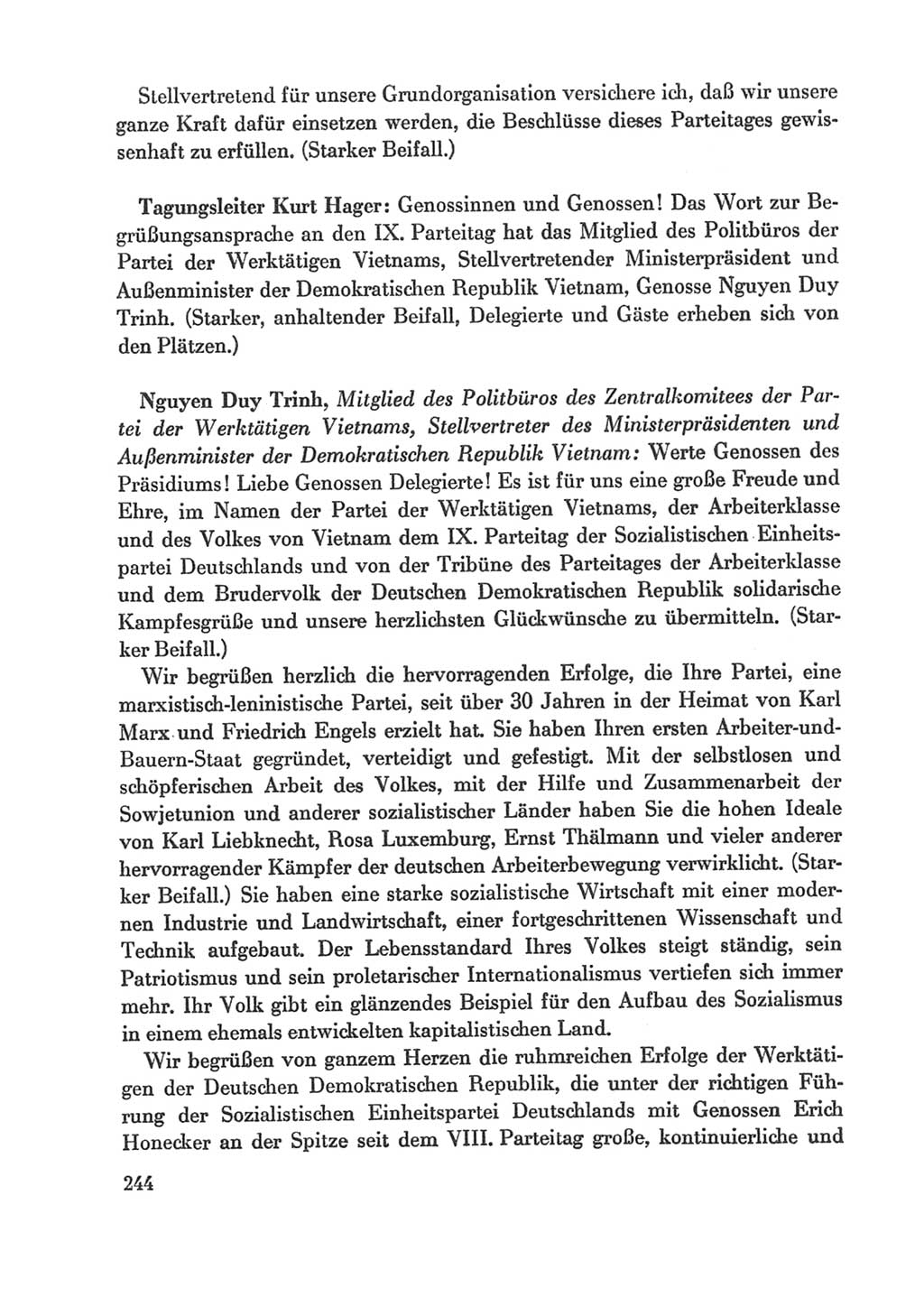 Protokoll der Verhandlungen des Ⅸ. Parteitages der Sozialistischen Einheitspartei Deutschlands (SED) [Deutsche Demokratische Republik (DDR)] 1976, Band 1, Seite 244 (Prot. Verh. Ⅸ. PT SED DDR 1976, Bd. 1, S. 244)