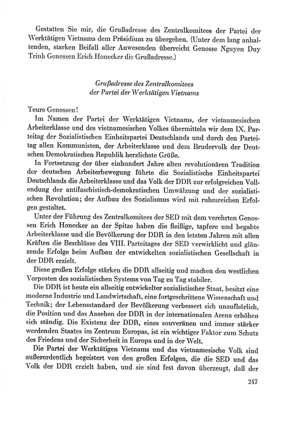 Protokoll der Verhandlungen des Ⅸ. Parteitages der Sozialistischen Einheitspartei Deutschlands (SED) [Deutsche Demokratische Republik (DDR)] 1976, Band 1, Seite 247 (Prot. Verh. Ⅸ. PT SED DDR 1976, Bd. 1, S. 247)