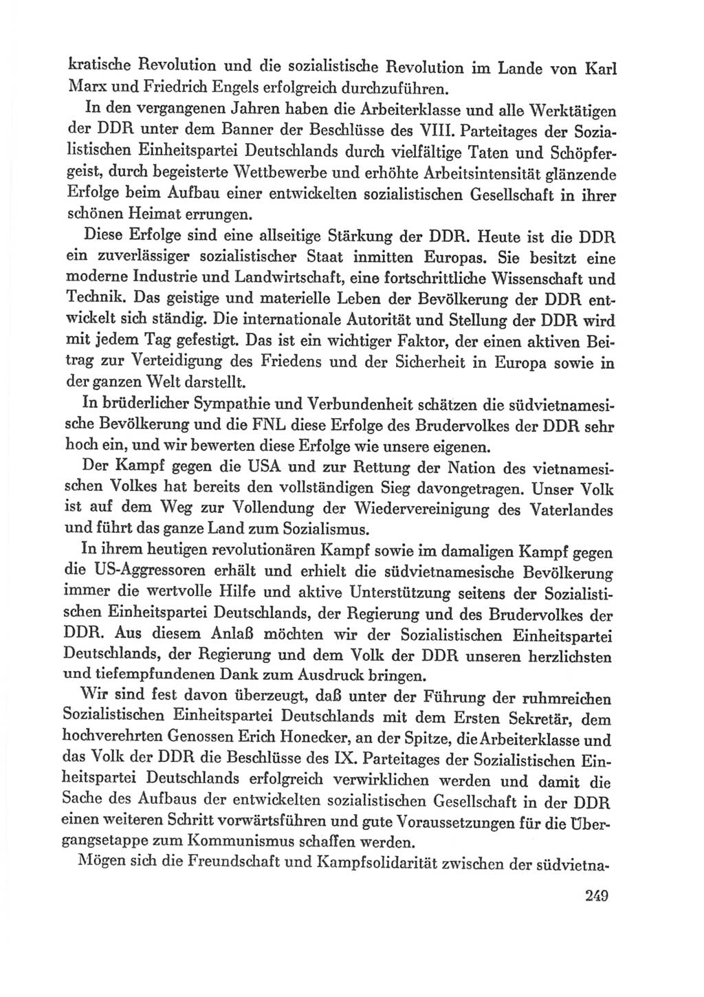 Protokoll der Verhandlungen des Ⅸ. Parteitages der Sozialistischen Einheitspartei Deutschlands (SED) [Deutsche Demokratische Republik (DDR)] 1976, Band 1, Seite 249 (Prot. Verh. Ⅸ. PT SED DDR 1976, Bd. 1, S. 249)