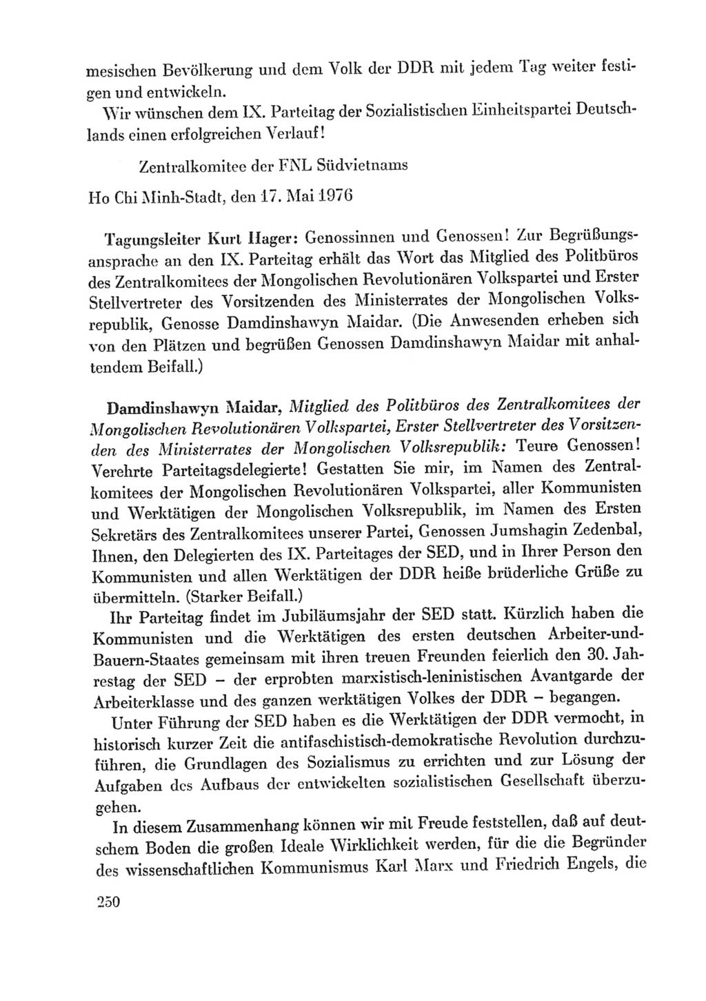 Protokoll der Verhandlungen des Ⅸ. Parteitages der Sozialistischen Einheitspartei Deutschlands (SED) [Deutsche Demokratische Republik (DDR)] 1976, Band 1, Seite 250 (Prot. Verh. Ⅸ. PT SED DDR 1976, Bd. 1, S. 250)