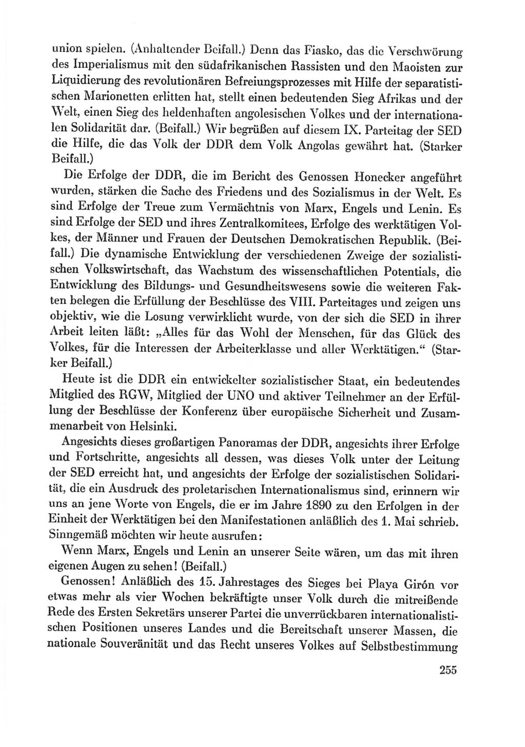 Protokoll der Verhandlungen des Ⅸ. Parteitages der Sozialistischen Einheitspartei Deutschlands (SED) [Deutsche Demokratische Republik (DDR)] 1976, Band 1, Seite 255 (Prot. Verh. Ⅸ. PT SED DDR 1976, Bd. 1, S. 255)