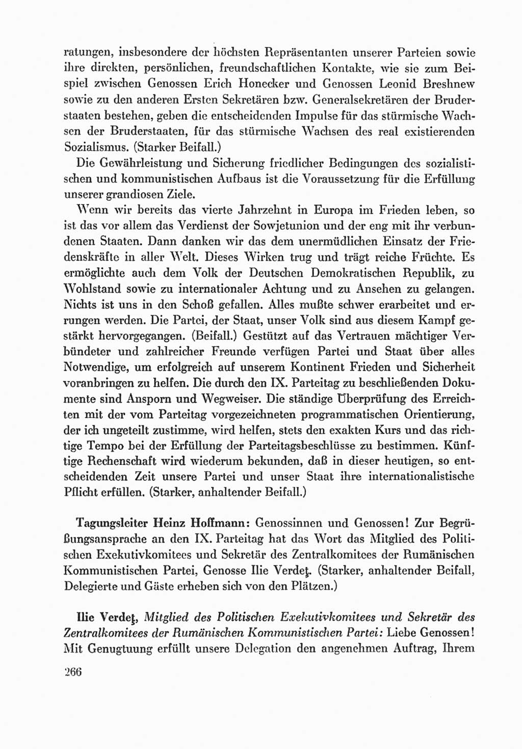 Protokoll der Verhandlungen des Ⅸ. Parteitages der Sozialistischen Einheitspartei Deutschlands (SED) [Deutsche Demokratische Republik (DDR)] 1976, Band 1, Seite 266 (Prot. Verh. Ⅸ. PT SED DDR 1976, Bd. 1, S. 266)