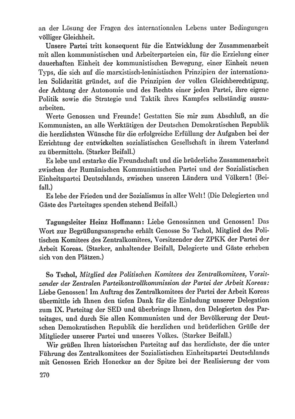 Protokoll der Verhandlungen des Ⅸ. Parteitages der Sozialistischen Einheitspartei Deutschlands (SED) [Deutsche Demokratische Republik (DDR)] 1976, Band 1, Seite 270 (Prot. Verh. Ⅸ. PT SED DDR 1976, Bd. 1, S. 270)