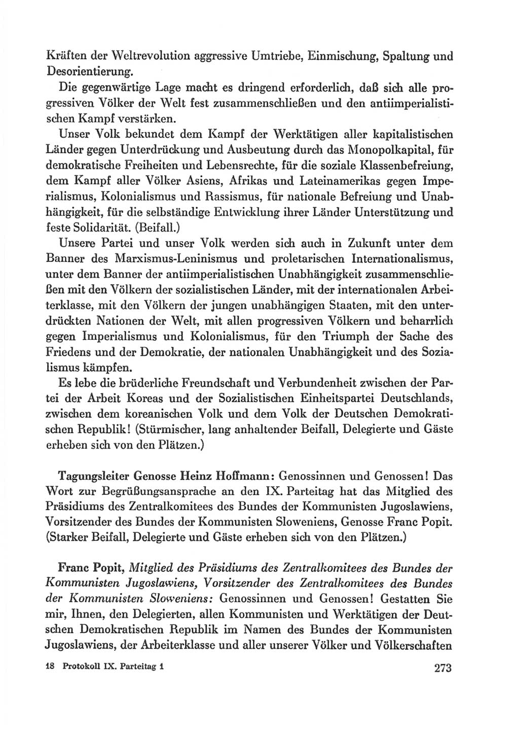 Protokoll der Verhandlungen des Ⅸ. Parteitages der Sozialistischen Einheitspartei Deutschlands (SED) [Deutsche Demokratische Republik (DDR)] 1976, Band 1, Seite 273 (Prot. Verh. Ⅸ. PT SED DDR 1976, Bd. 1, S. 273)