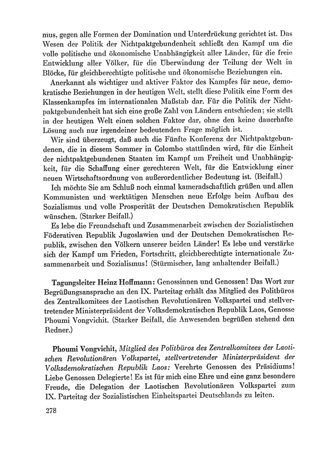 Protokoll der Verhandlungen des Ⅸ. Parteitages der Sozialistischen Einheitspartei Deutschlands (SED) [Deutsche Demokratische Republik (DDR)] 1976, Band 1, Seite 278 (Prot. Verh. Ⅸ. PT SED DDR 1976, Bd. 1, S. 278)