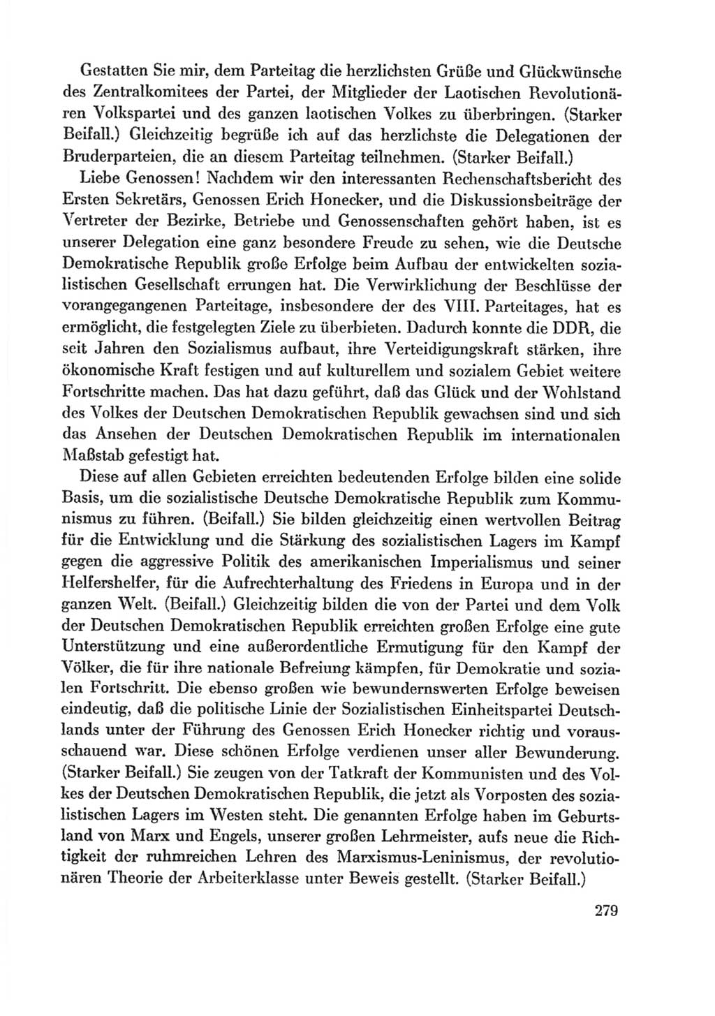 Protokoll der Verhandlungen des Ⅸ. Parteitages der Sozialistischen Einheitspartei Deutschlands (SED) [Deutsche Demokratische Republik (DDR)] 1976, Band 1, Seite 279 (Prot. Verh. Ⅸ. PT SED DDR 1976, Bd. 1, S. 279)