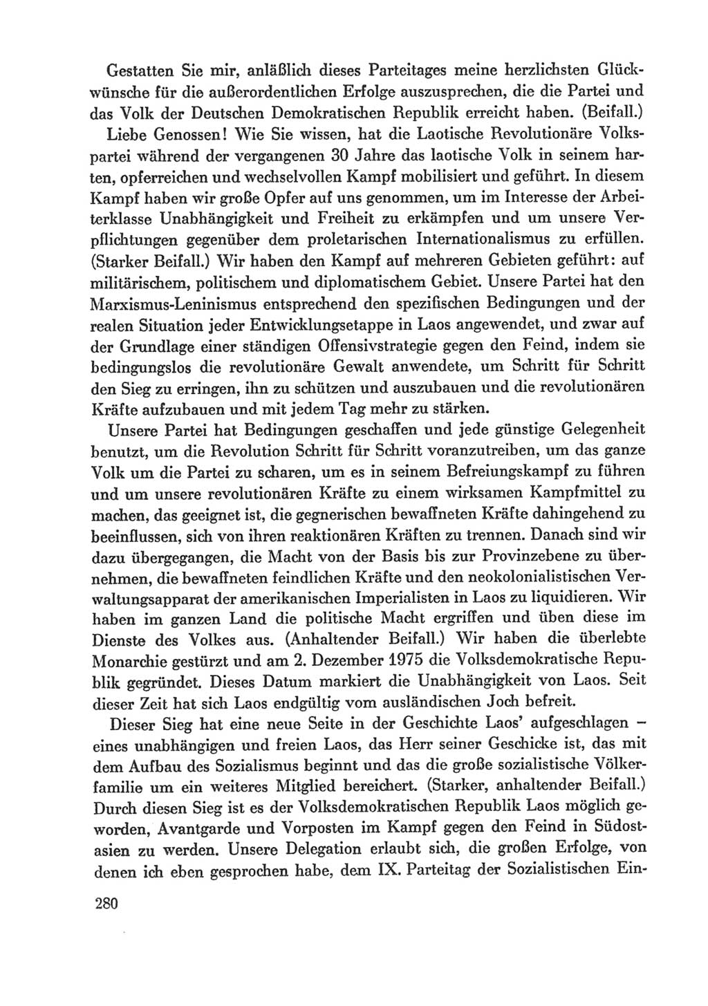 Protokoll der Verhandlungen des Ⅸ. Parteitages der Sozialistischen Einheitspartei Deutschlands (SED) [Deutsche Demokratische Republik (DDR)] 1976, Band 1, Seite 280 (Prot. Verh. Ⅸ. PT SED DDR 1976, Bd. 1, S. 280)