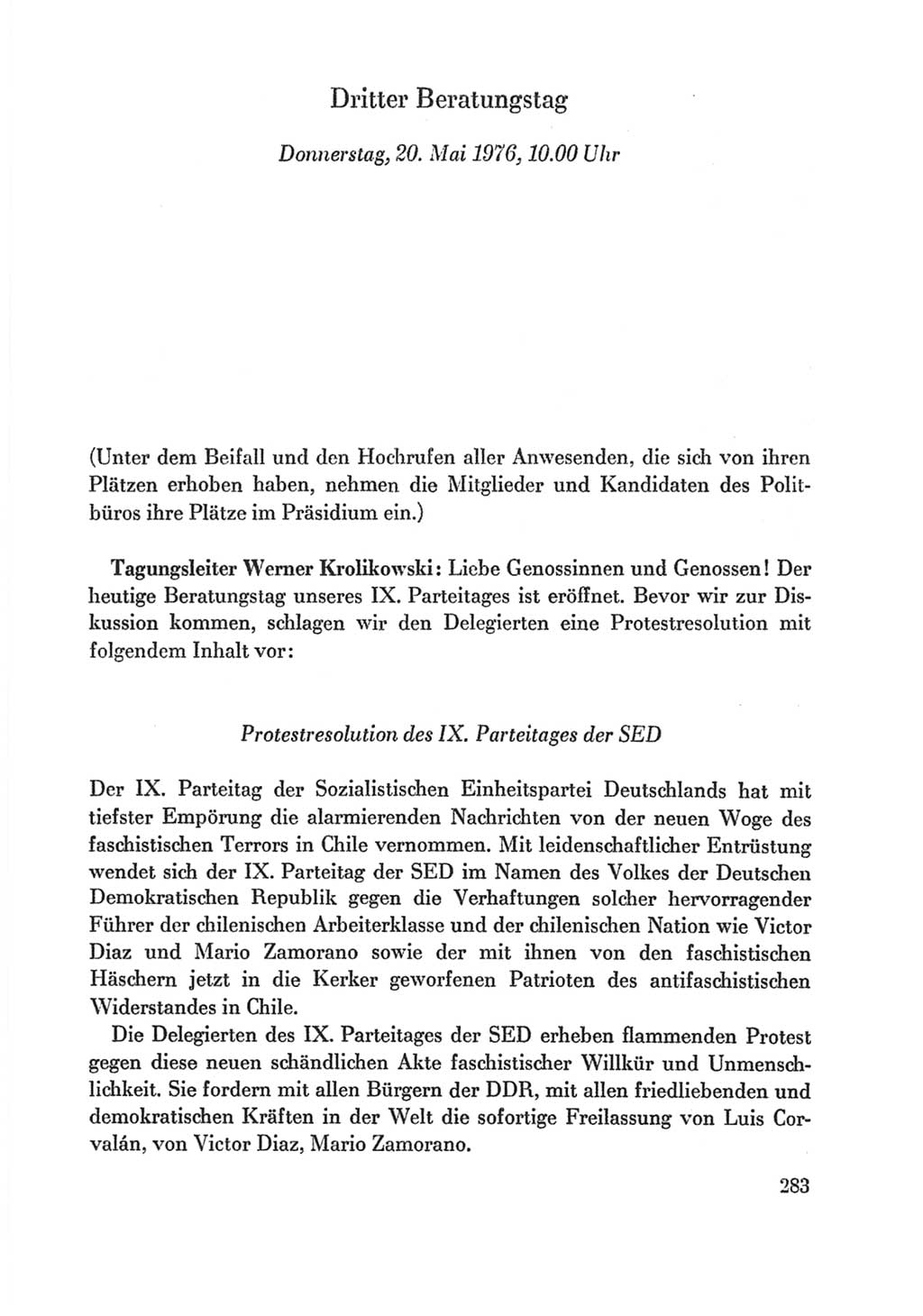 Protokoll der Verhandlungen des Ⅸ. Parteitages der Sozialistischen Einheitspartei Deutschlands (SED) [Deutsche Demokratische Republik (DDR)] 1976, Band 1, Seite 283 (Prot. Verh. Ⅸ. PT SED DDR 1976, Bd. 1, S. 283)