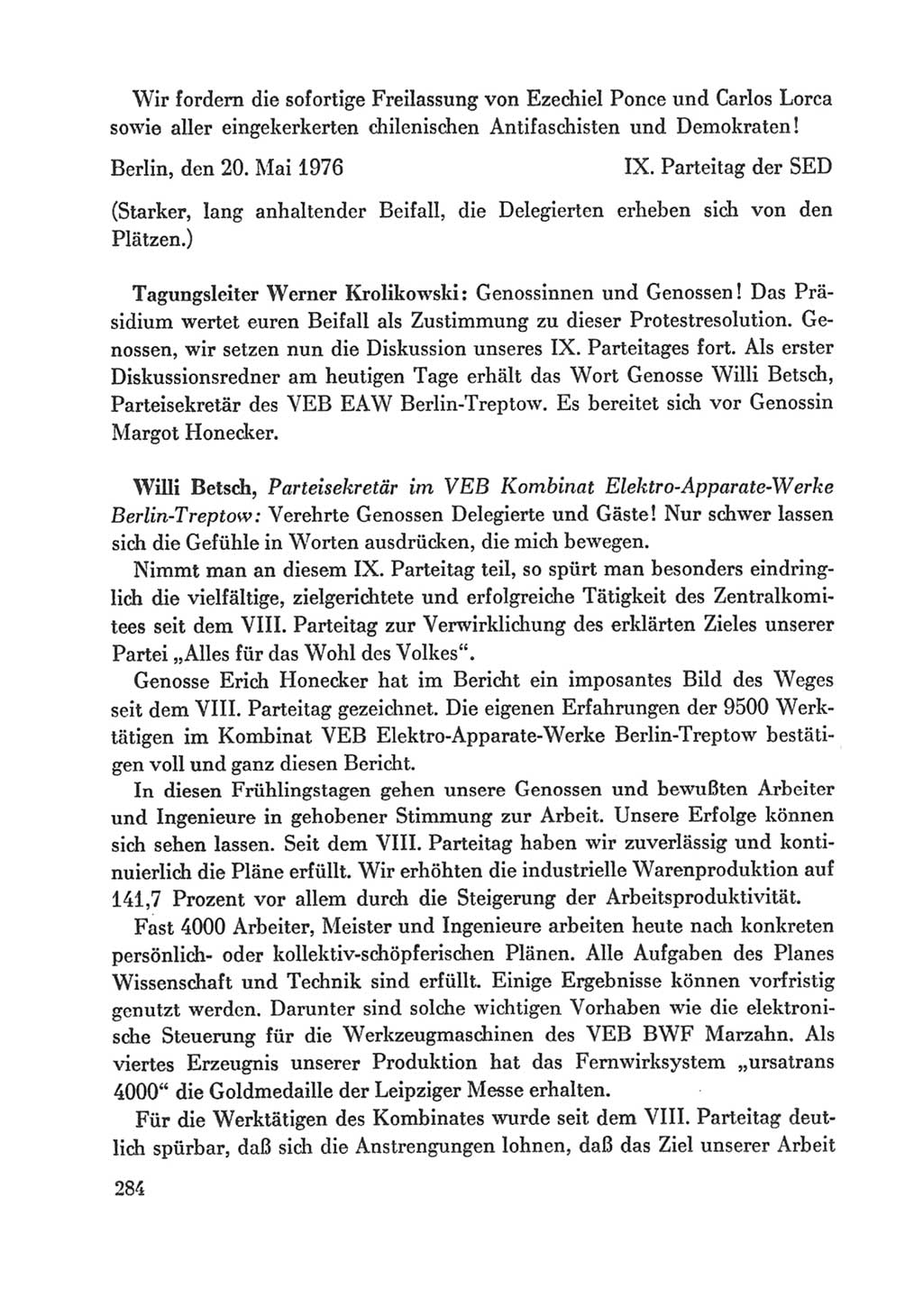 Protokoll der Verhandlungen des Ⅸ. Parteitages der Sozialistischen Einheitspartei Deutschlands (SED) [Deutsche Demokratische Republik (DDR)] 1976, Band 1, Seite 284 (Prot. Verh. Ⅸ. PT SED DDR 1976, Bd. 1, S. 284)