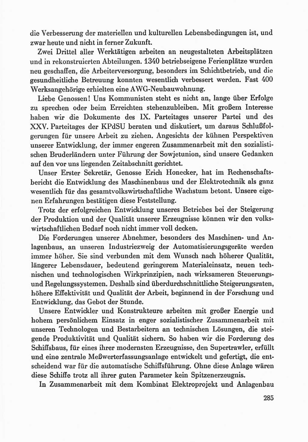 Protokoll der Verhandlungen des Ⅸ. Parteitages der Sozialistischen Einheitspartei Deutschlands (SED) [Deutsche Demokratische Republik (DDR)] 1976, Band 1, Seite 285 (Prot. Verh. Ⅸ. PT SED DDR 1976, Bd. 1, S. 285)