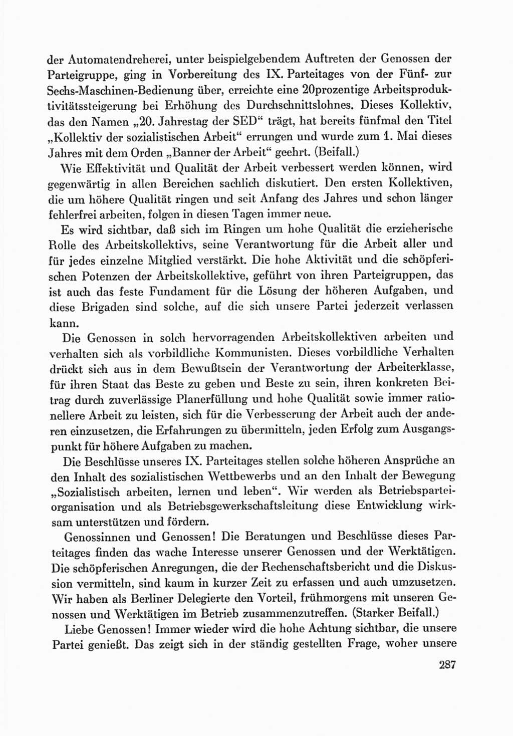 Protokoll der Verhandlungen des Ⅸ. Parteitages der Sozialistischen Einheitspartei Deutschlands (SED) [Deutsche Demokratische Republik (DDR)] 1976, Band 1, Seite 287 (Prot. Verh. Ⅸ. PT SED DDR 1976, Bd. 1, S. 287)
