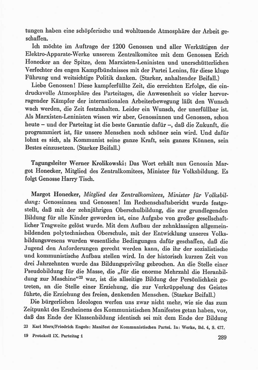 Protokoll der Verhandlungen des Ⅸ. Parteitages der Sozialistischen Einheitspartei Deutschlands (SED) [Deutsche Demokratische Republik (DDR)] 1976, Band 1, Seite 289 (Prot. Verh. Ⅸ. PT SED DDR 1976, Bd. 1, S. 289)
