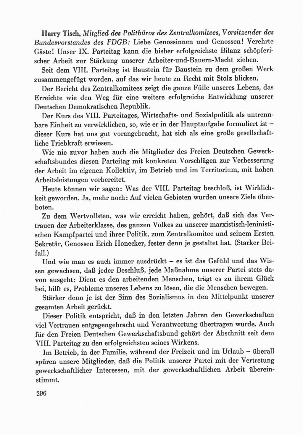 Protokoll der Verhandlungen des Ⅸ. Parteitages der Sozialistischen Einheitspartei Deutschlands (SED) [Deutsche Demokratische Republik (DDR)] 1976, Band 1, Seite 296 (Prot. Verh. Ⅸ. PT SED DDR 1976, Bd. 1, S. 296)