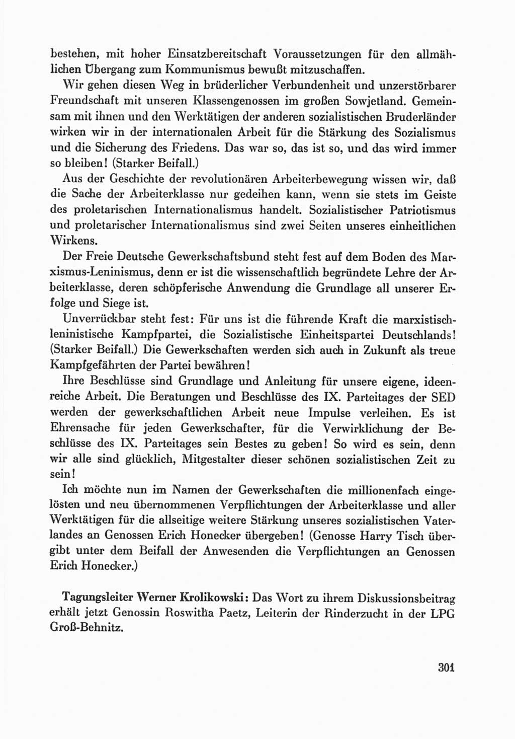Protokoll der Verhandlungen des Ⅸ. Parteitages der Sozialistischen Einheitspartei Deutschlands (SED) [Deutsche Demokratische Republik (DDR)] 1976, Band 1, Seite 301 (Prot. Verh. Ⅸ. PT SED DDR 1976, Bd. 1, S. 301)