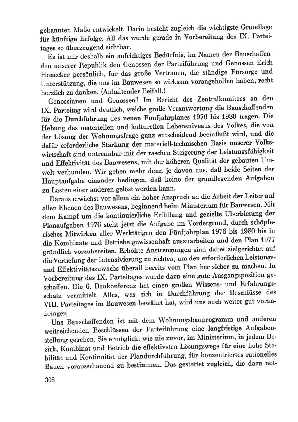 Protokoll der Verhandlungen des Ⅸ. Parteitages der Sozialistischen Einheitspartei Deutschlands (SED) [Deutsche Demokratische Republik (DDR)] 1976, Band 1, Seite 308 (Prot. Verh. Ⅸ. PT SED DDR 1976, Bd. 1, S. 308)