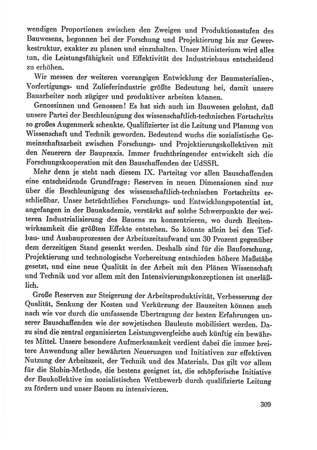 Protokoll der Verhandlungen des Ⅸ. Parteitages der Sozialistischen Einheitspartei Deutschlands (SED) [Deutsche Demokratische Republik (DDR)] 1976, Band 1, Seite 309 (Prot. Verh. Ⅸ. PT SED DDR 1976, Bd. 1, S. 309)