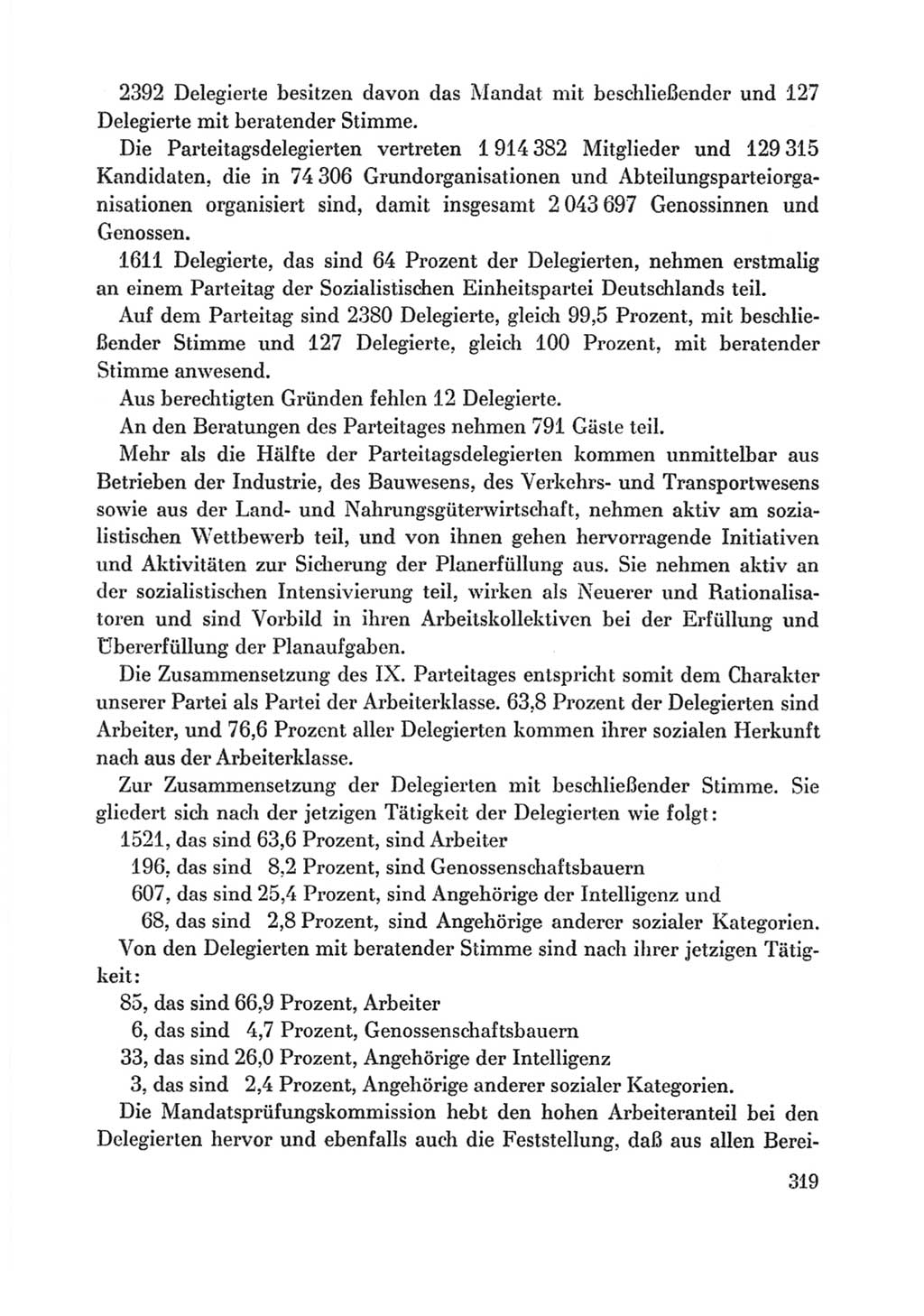 Protokoll der Verhandlungen des Ⅸ. Parteitages der Sozialistischen Einheitspartei Deutschlands (SED) [Deutsche Demokratische Republik (DDR)] 1976, Band 1, Seite 319 (Prot. Verh. Ⅸ. PT SED DDR 1976, Bd. 1, S. 319)