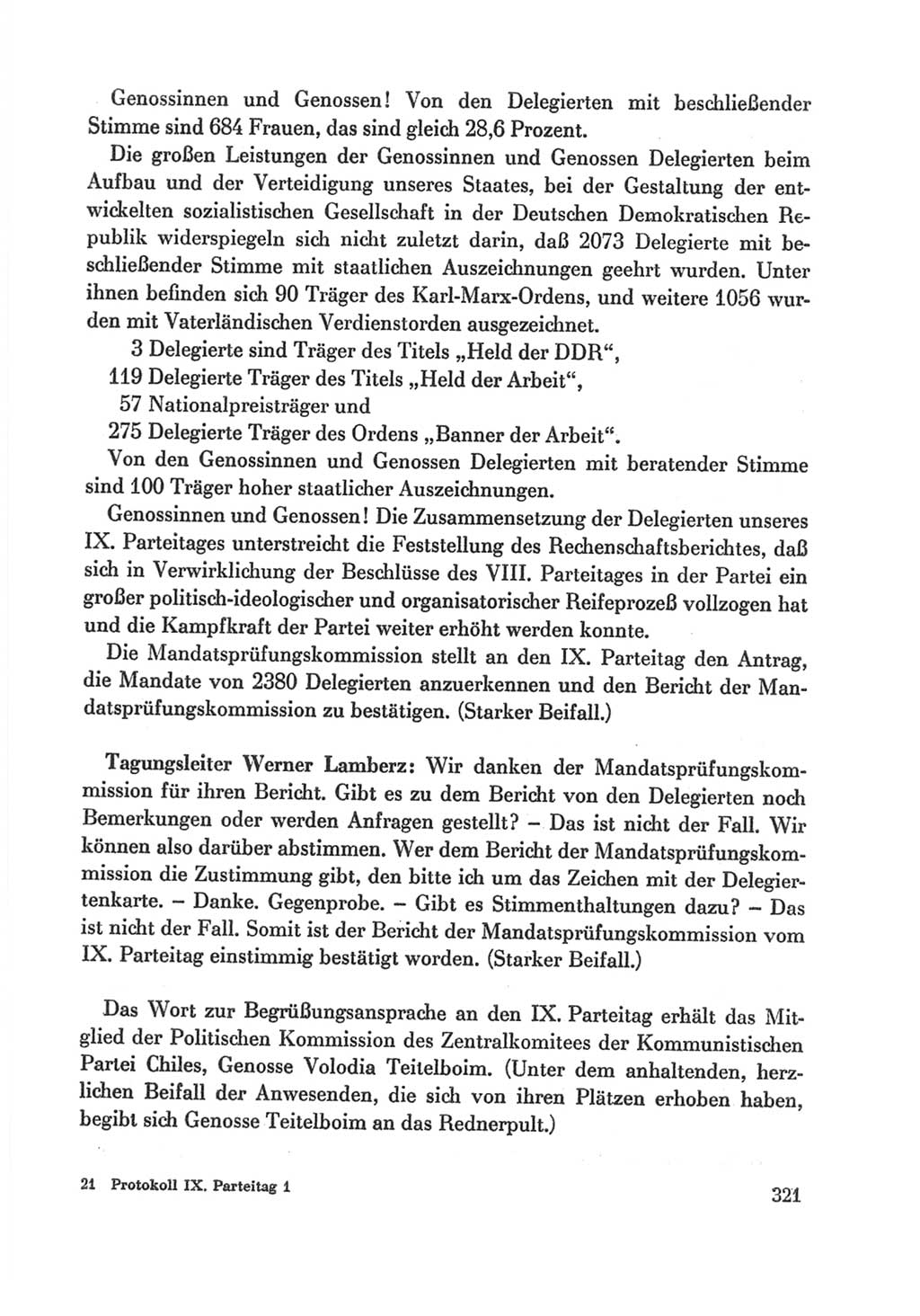 Protokoll der Verhandlungen des Ⅸ. Parteitages der Sozialistischen Einheitspartei Deutschlands (SED) [Deutsche Demokratische Republik (DDR)] 1976, Band 1, Seite 321 (Prot. Verh. Ⅸ. PT SED DDR 1976, Bd. 1, S. 321)