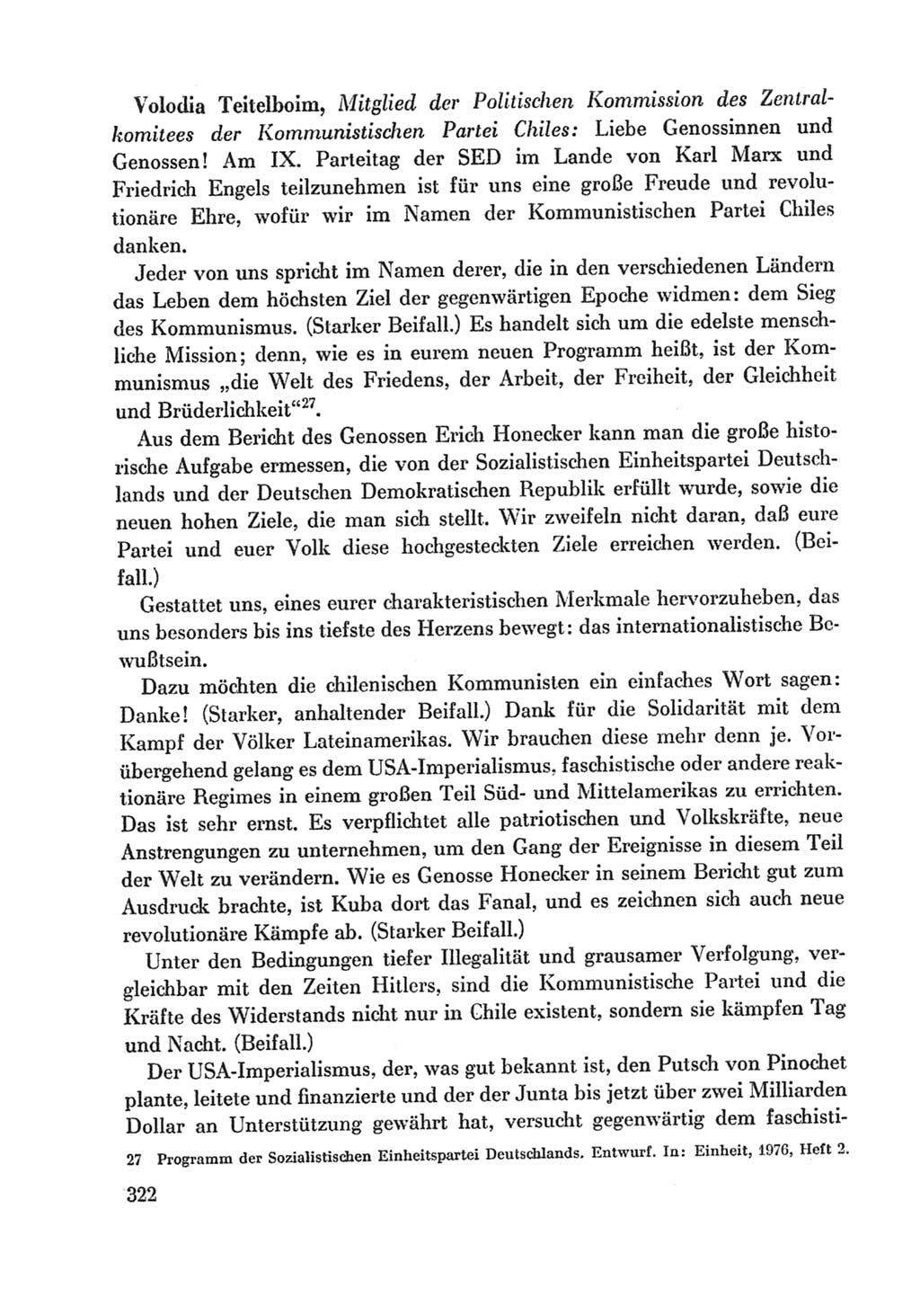 Protokoll der Verhandlungen des Ⅸ. Parteitages der Sozialistischen Einheitspartei Deutschlands (SED) [Deutsche Demokratische Republik (DDR)] 1976, Band 1, Seite 322 (Prot. Verh. Ⅸ. PT SED DDR 1976, Bd. 1, S. 322)