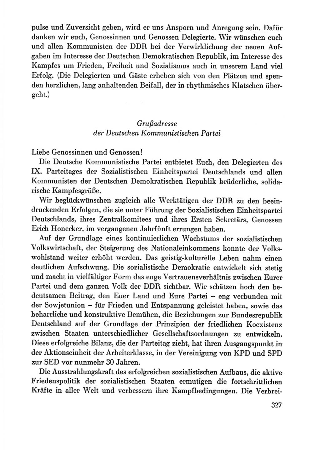 Protokoll der Verhandlungen des Ⅸ. Parteitages der Sozialistischen Einheitspartei Deutschlands (SED) [Deutsche Demokratische Republik (DDR)] 1976, Band 1, Seite 327 (Prot. Verh. Ⅸ. PT SED DDR 1976, Bd. 1, S. 327)