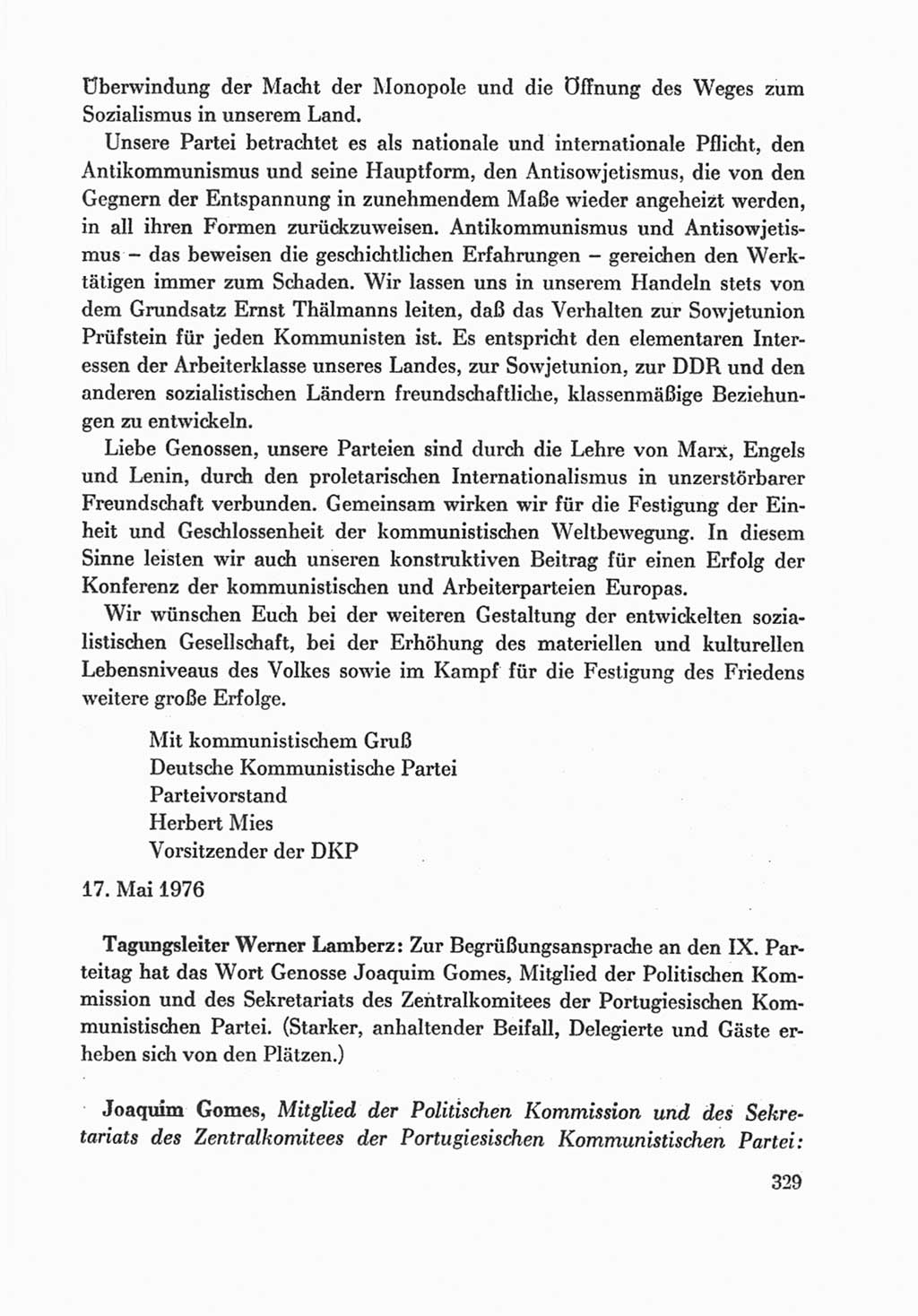 Protokoll der Verhandlungen des Ⅸ. Parteitages der Sozialistischen Einheitspartei Deutschlands (SED) [Deutsche Demokratische Republik (DDR)] 1976, Band 1, Seite 329 (Prot. Verh. Ⅸ. PT SED DDR 1976, Bd. 1, S. 329)