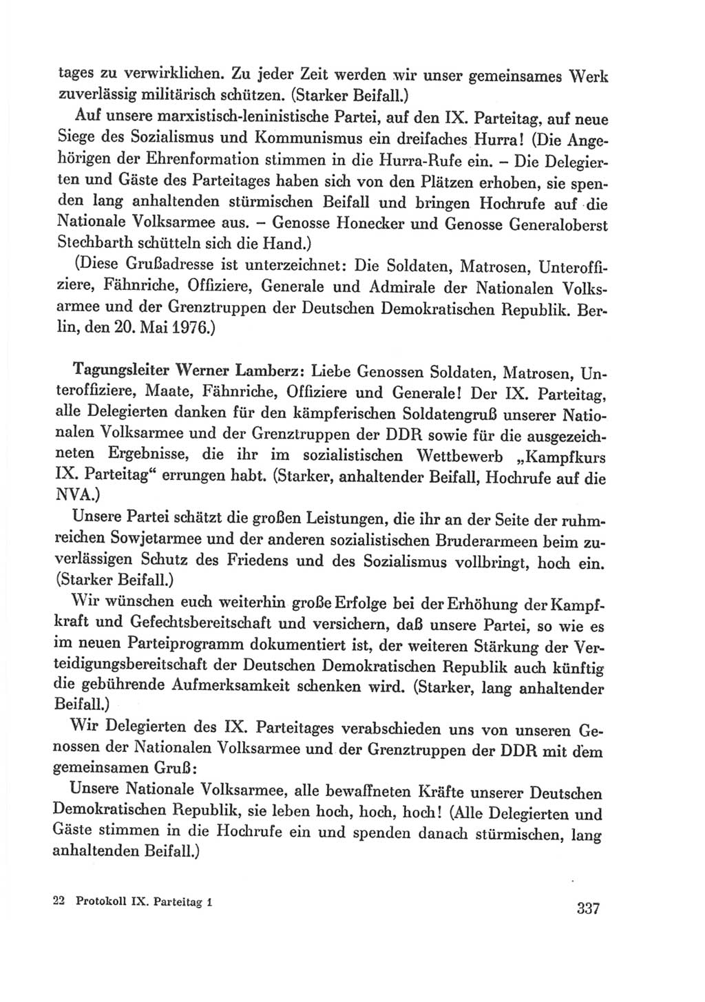 Protokoll der Verhandlungen des Ⅸ. Parteitages der Sozialistischen Einheitspartei Deutschlands (SED) [Deutsche Demokratische Republik (DDR)] 1976, Band 1, Seite 337 (Prot. Verh. Ⅸ. PT SED DDR 1976, Bd. 1, S. 337)