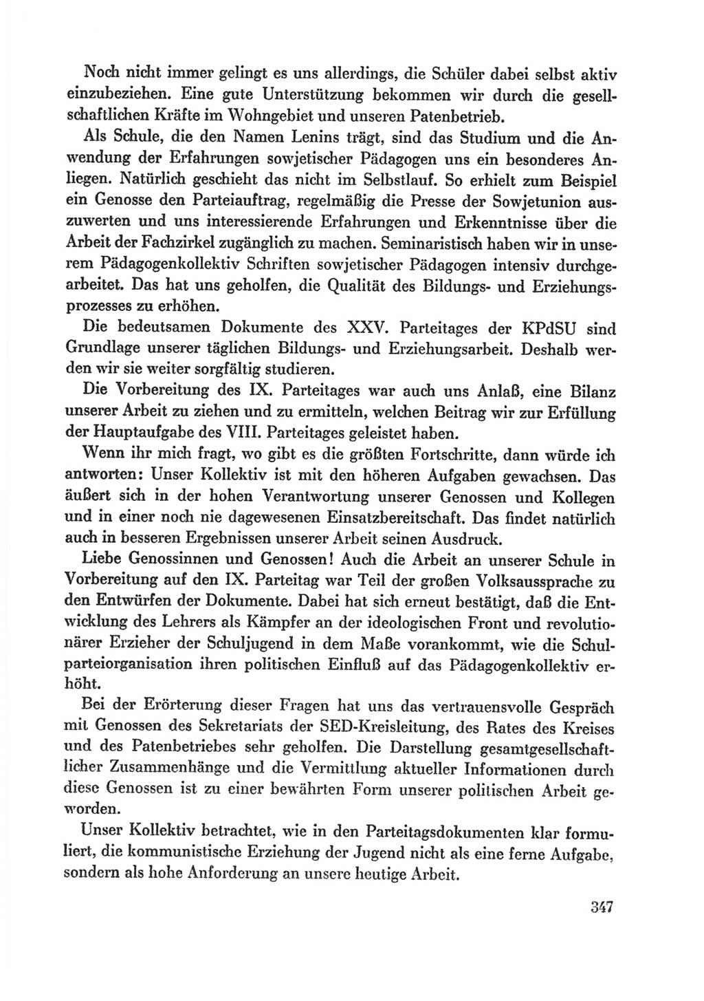 Protokoll der Verhandlungen des Ⅸ. Parteitages der Sozialistischen Einheitspartei Deutschlands (SED) [Deutsche Demokratische Republik (DDR)] 1976, Band 1, Seite 347 (Prot. Verh. Ⅸ. PT SED DDR 1976, Bd. 1, S. 347)