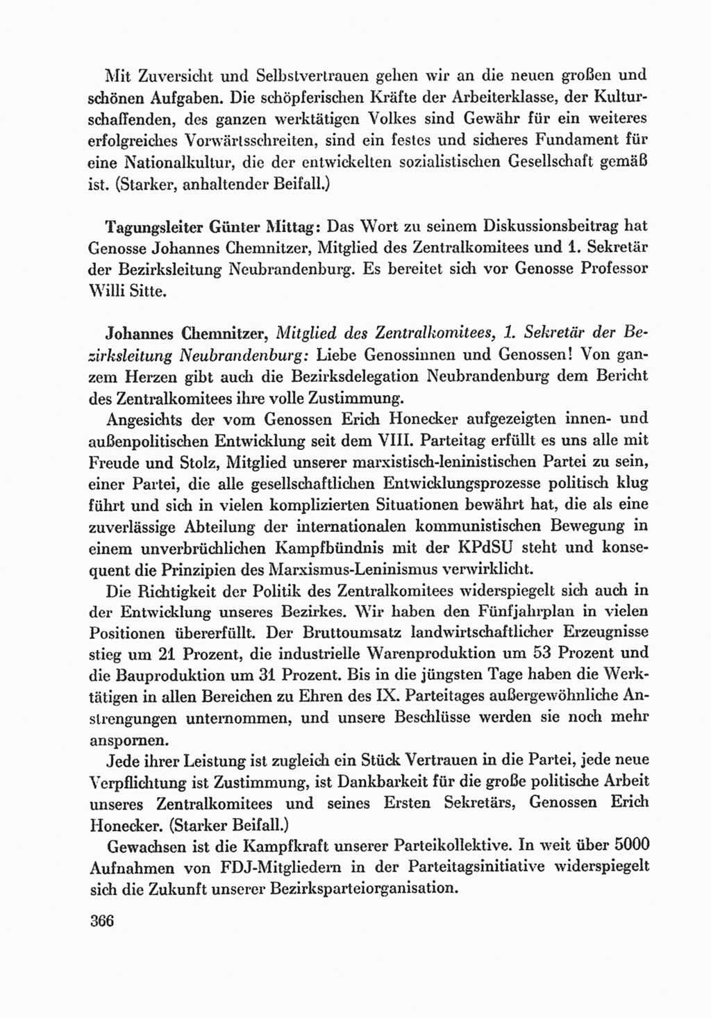 Protokoll der Verhandlungen des Ⅸ. Parteitages der Sozialistischen Einheitspartei Deutschlands (SED) [Deutsche Demokratische Republik (DDR)] 1976, Band 1, Seite 366 (Prot. Verh. Ⅸ. PT SED DDR 1976, Bd. 1, S. 366)