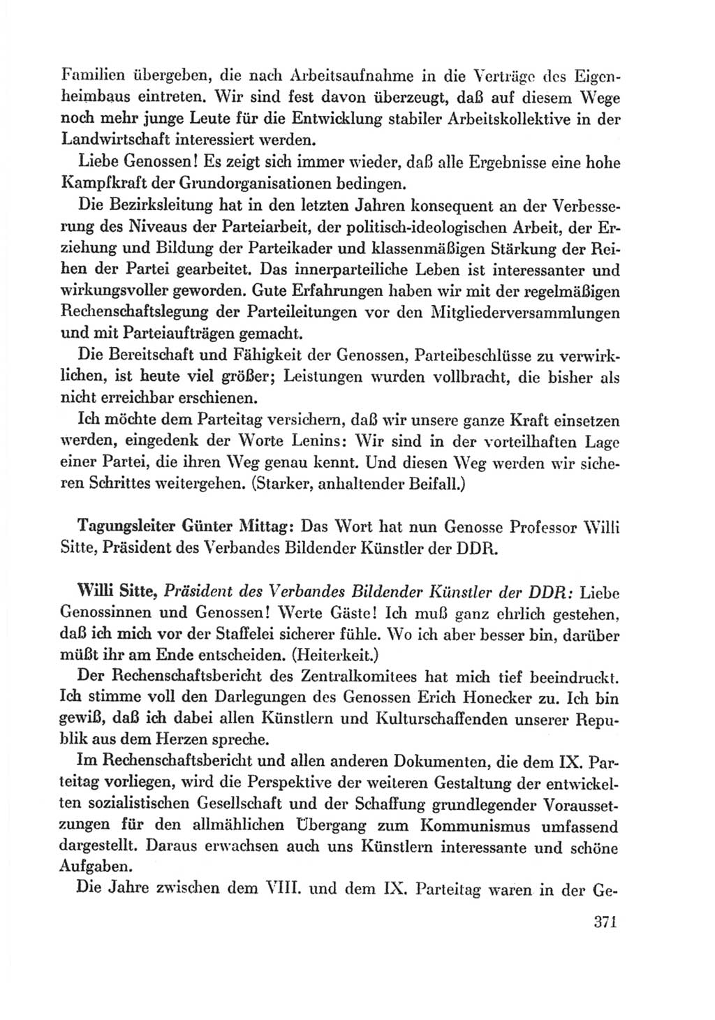 Protokoll der Verhandlungen des Ⅸ. Parteitages der Sozialistischen Einheitspartei Deutschlands (SED) [Deutsche Demokratische Republik (DDR)] 1976, Band 1, Seite 371 (Prot. Verh. Ⅸ. PT SED DDR 1976, Bd. 1, S. 371)