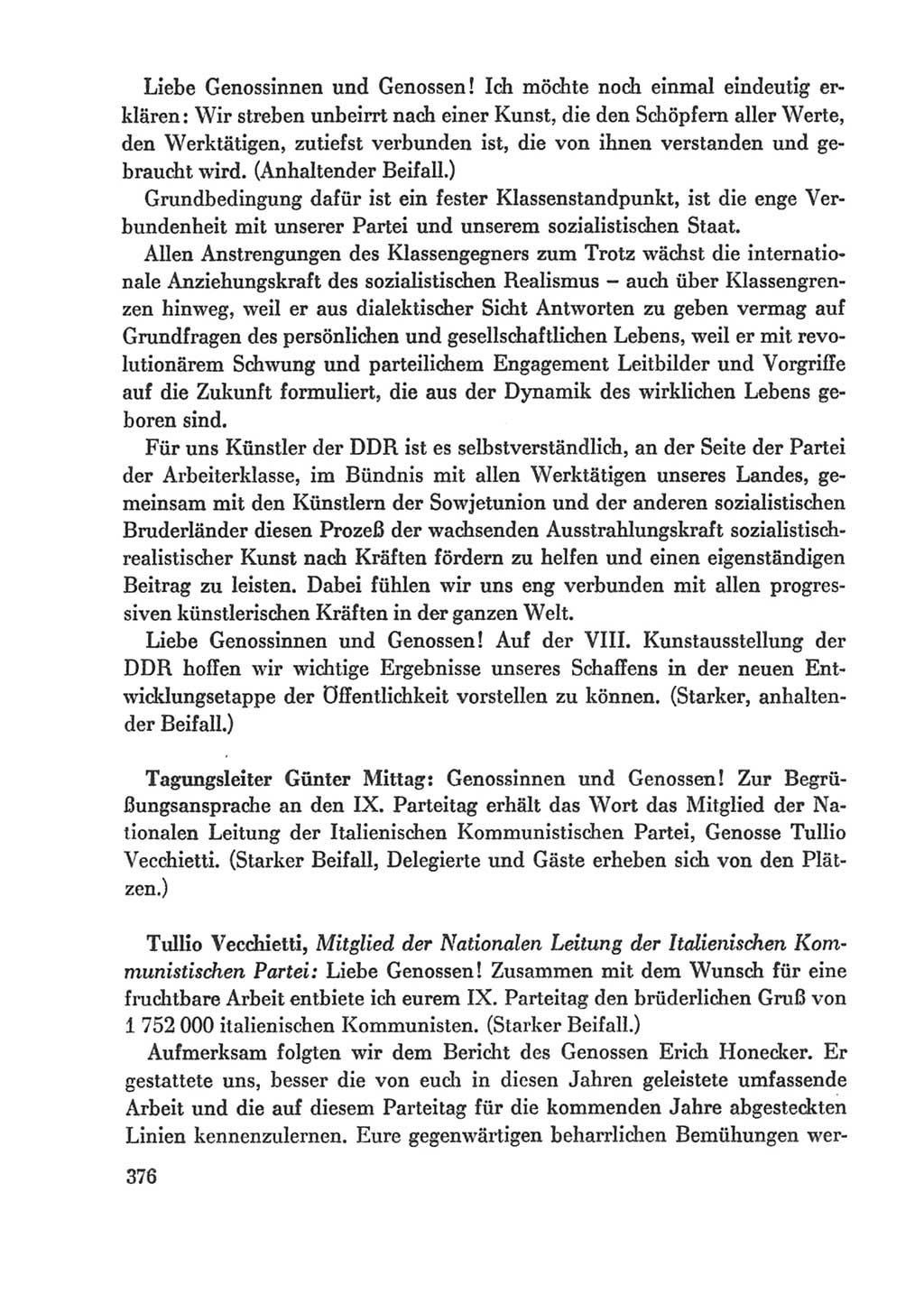 Protokoll der Verhandlungen des Ⅸ. Parteitages der Sozialistischen Einheitspartei Deutschlands (SED) [Deutsche Demokratische Republik (DDR)] 1976, Band 1, Seite 376 (Prot. Verh. Ⅸ. PT SED DDR 1976, Bd. 1, S. 376)