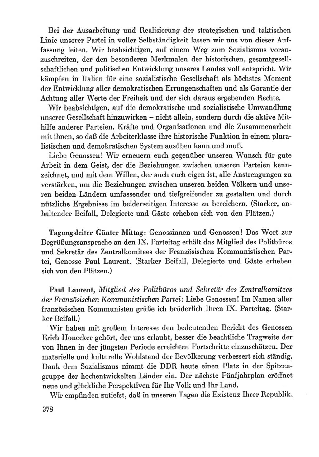 Protokoll der Verhandlungen des Ⅸ. Parteitages der Sozialistischen Einheitspartei Deutschlands (SED) [Deutsche Demokratische Republik (DDR)] 1976, Band 1, Seite 378 (Prot. Verh. Ⅸ. PT SED DDR 1976, Bd. 1, S. 378)