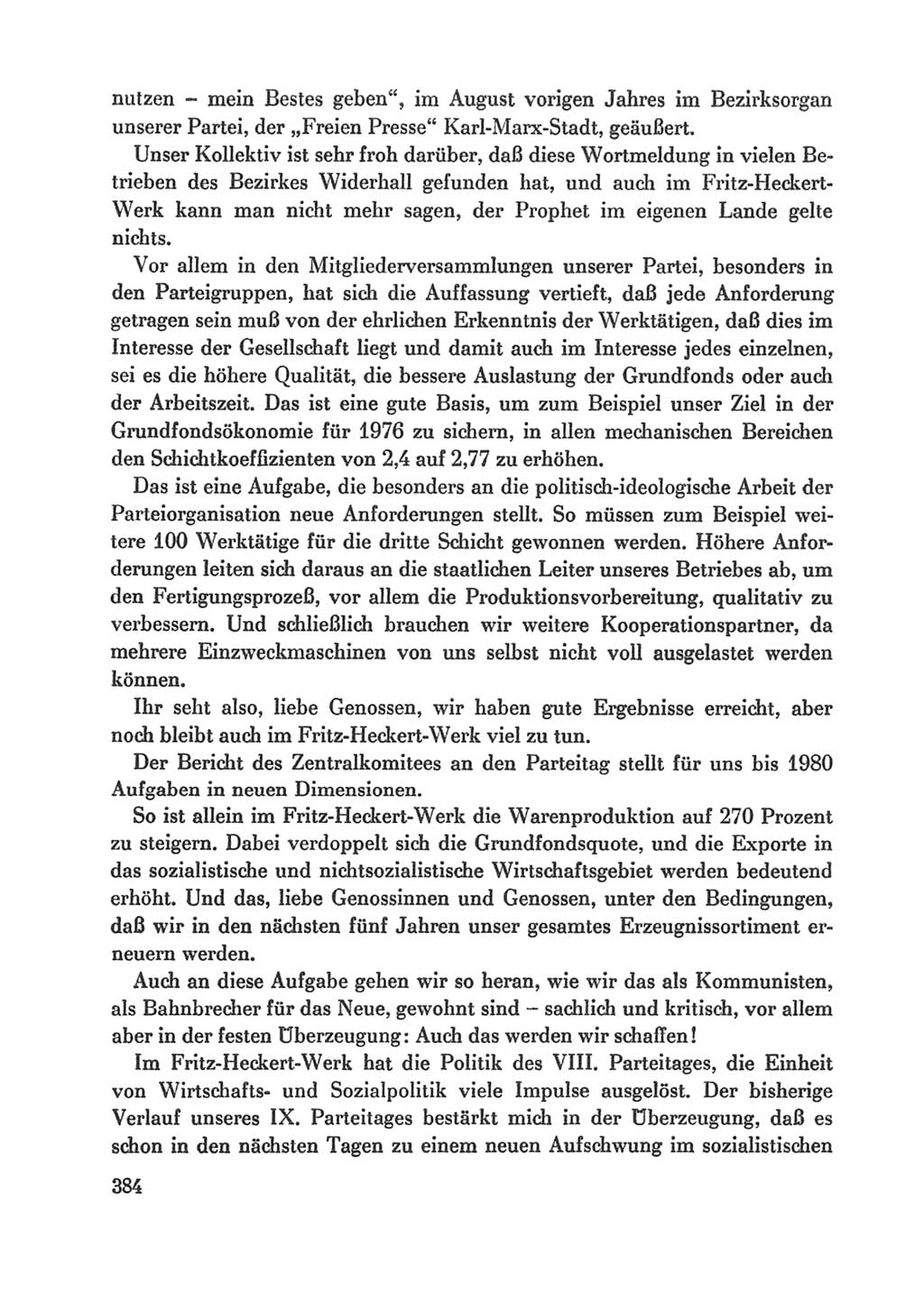 Protokoll der Verhandlungen des Ⅸ. Parteitages der Sozialistischen Einheitspartei Deutschlands (SED) [Deutsche Demokratische Republik (DDR)] 1976, Band 1, Seite 384 (Prot. Verh. Ⅸ. PT SED DDR 1976, Bd. 1, S. 384)