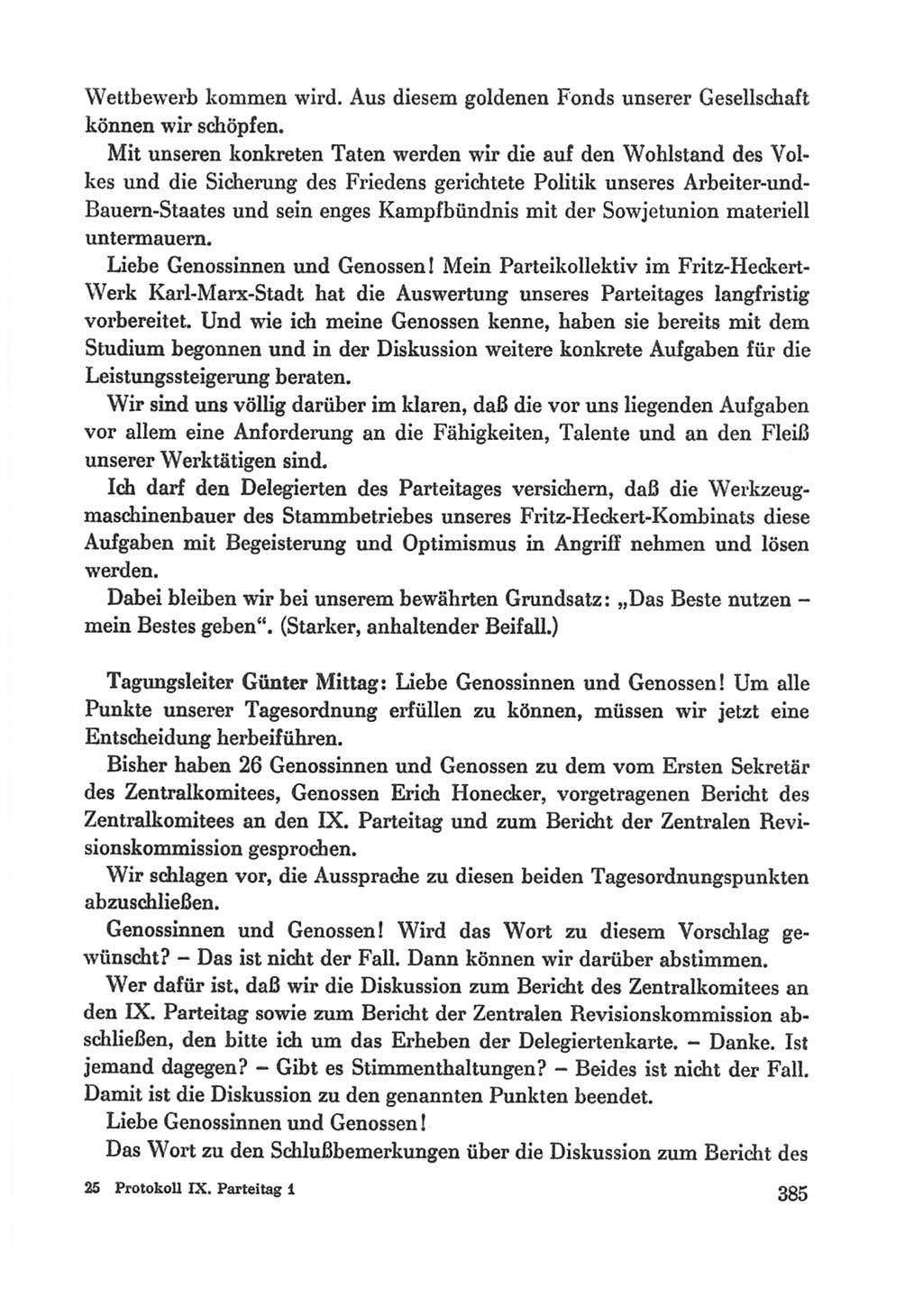 Protokoll der Verhandlungen des Ⅸ. Parteitages der Sozialistischen Einheitspartei Deutschlands (SED) [Deutsche Demokratische Republik (DDR)] 1976, Band 1, Seite 385 (Prot. Verh. Ⅸ. PT SED DDR 1976, Bd. 1, S. 385)