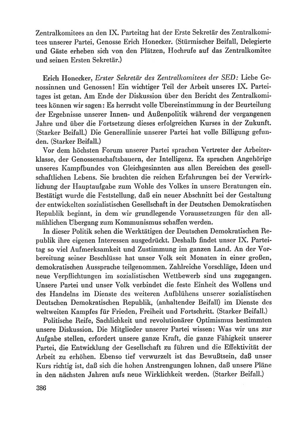 Protokoll der Verhandlungen des Ⅸ. Parteitages der Sozialistischen Einheitspartei Deutschlands (SED) [Deutsche Demokratische Republik (DDR)] 1976, Band 1, Seite 386 (Prot. Verh. Ⅸ. PT SED DDR 1976, Bd. 1, S. 386)