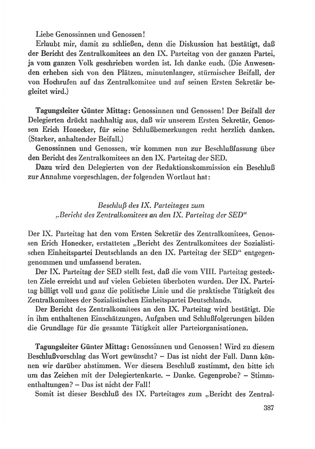 Protokoll der Verhandlungen des Ⅸ. Parteitages der Sozialistischen Einheitspartei Deutschlands (SED) [Deutsche Demokratische Republik (DDR)] 1976, Band 1, Seite 387 (Prot. Verh. Ⅸ. PT SED DDR 1976, Bd. 1, S. 387)