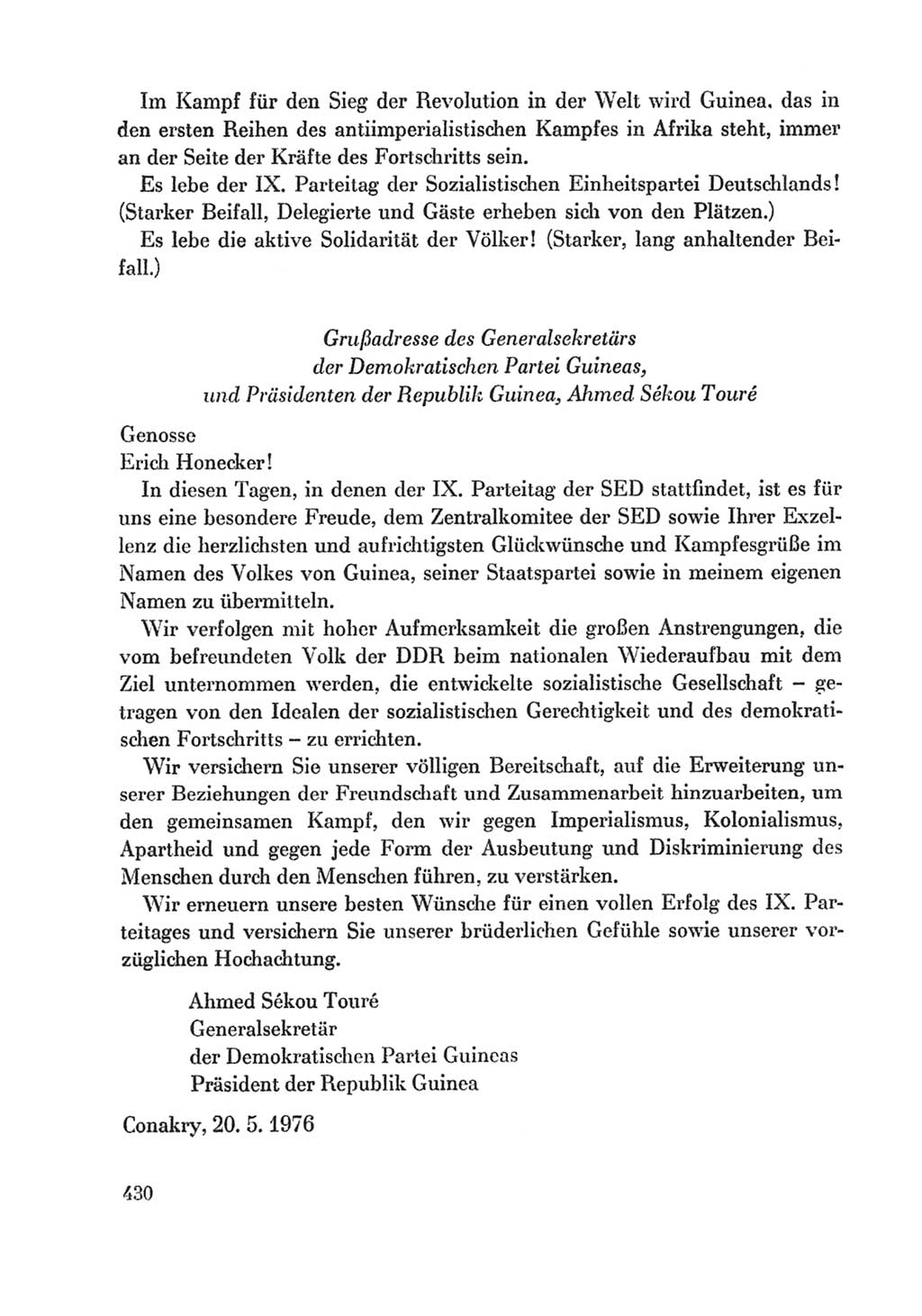 Protokoll der Verhandlungen des Ⅸ. Parteitages der Sozialistischen Einheitspartei Deutschlands (SED) [Deutsche Demokratische Republik (DDR)] 1976, Band 1, Seite 430 (Prot. Verh. Ⅸ. PT SED DDR 1976, Bd. 1, S. 430)