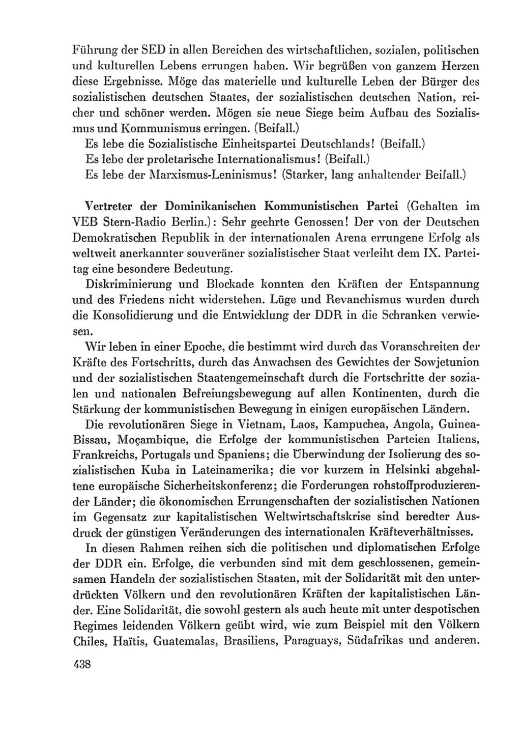 Protokoll der Verhandlungen des Ⅸ. Parteitages der Sozialistischen Einheitspartei Deutschlands (SED) [Deutsche Demokratische Republik (DDR)] 1976, Band 1, Seite 438 (Prot. Verh. Ⅸ. PT SED DDR 1976, Bd. 1, S. 438)