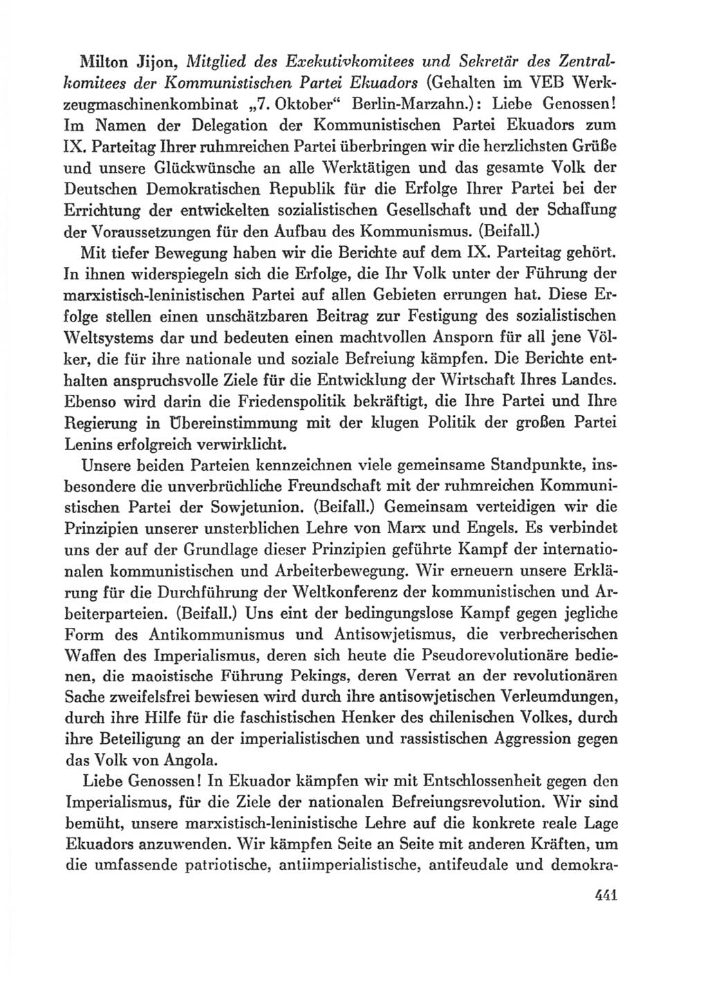 Protokoll der Verhandlungen des Ⅸ. Parteitages der Sozialistischen Einheitspartei Deutschlands (SED) [Deutsche Demokratische Republik (DDR)] 1976, Band 1, Seite 441 (Prot. Verh. Ⅸ. PT SED DDR 1976, Bd. 1, S. 441)