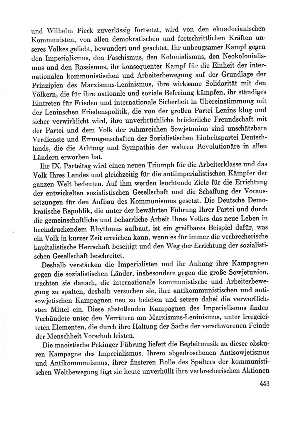Protokoll der Verhandlungen des Ⅸ. Parteitages der Sozialistischen Einheitspartei Deutschlands (SED) [Deutsche Demokratische Republik (DDR)] 1976, Band 1, Seite 443 (Prot. Verh. Ⅸ. PT SED DDR 1976, Bd. 1, S. 443)