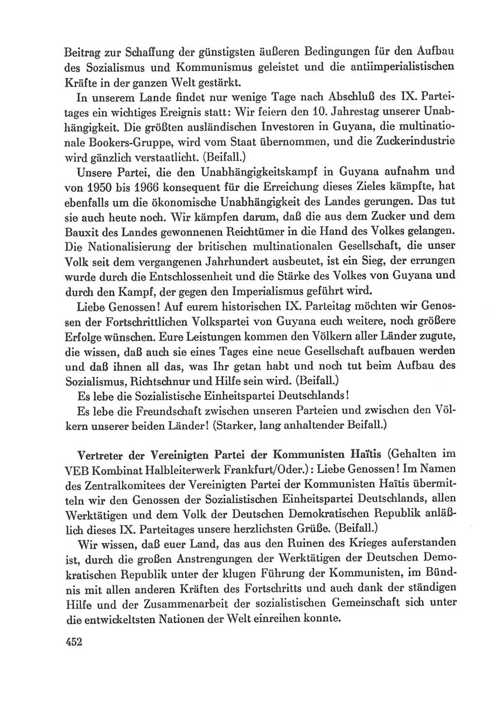 Protokoll der Verhandlungen des Ⅸ. Parteitages der Sozialistischen Einheitspartei Deutschlands (SED) [Deutsche Demokratische Republik (DDR)] 1976, Band 1, Seite 452 (Prot. Verh. Ⅸ. PT SED DDR 1976, Bd. 1, S. 452)
