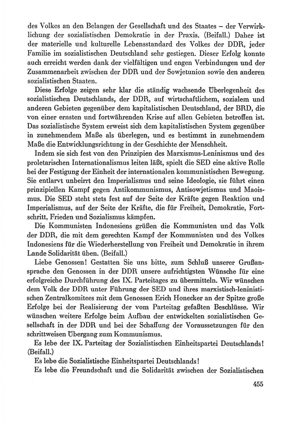 Protokoll der Verhandlungen des Ⅸ. Parteitages der Sozialistischen Einheitspartei Deutschlands (SED) [Deutsche Demokratische Republik (DDR)] 1976, Band 1, Seite 455 (Prot. Verh. Ⅸ. PT SED DDR 1976, Bd. 1, S. 455)