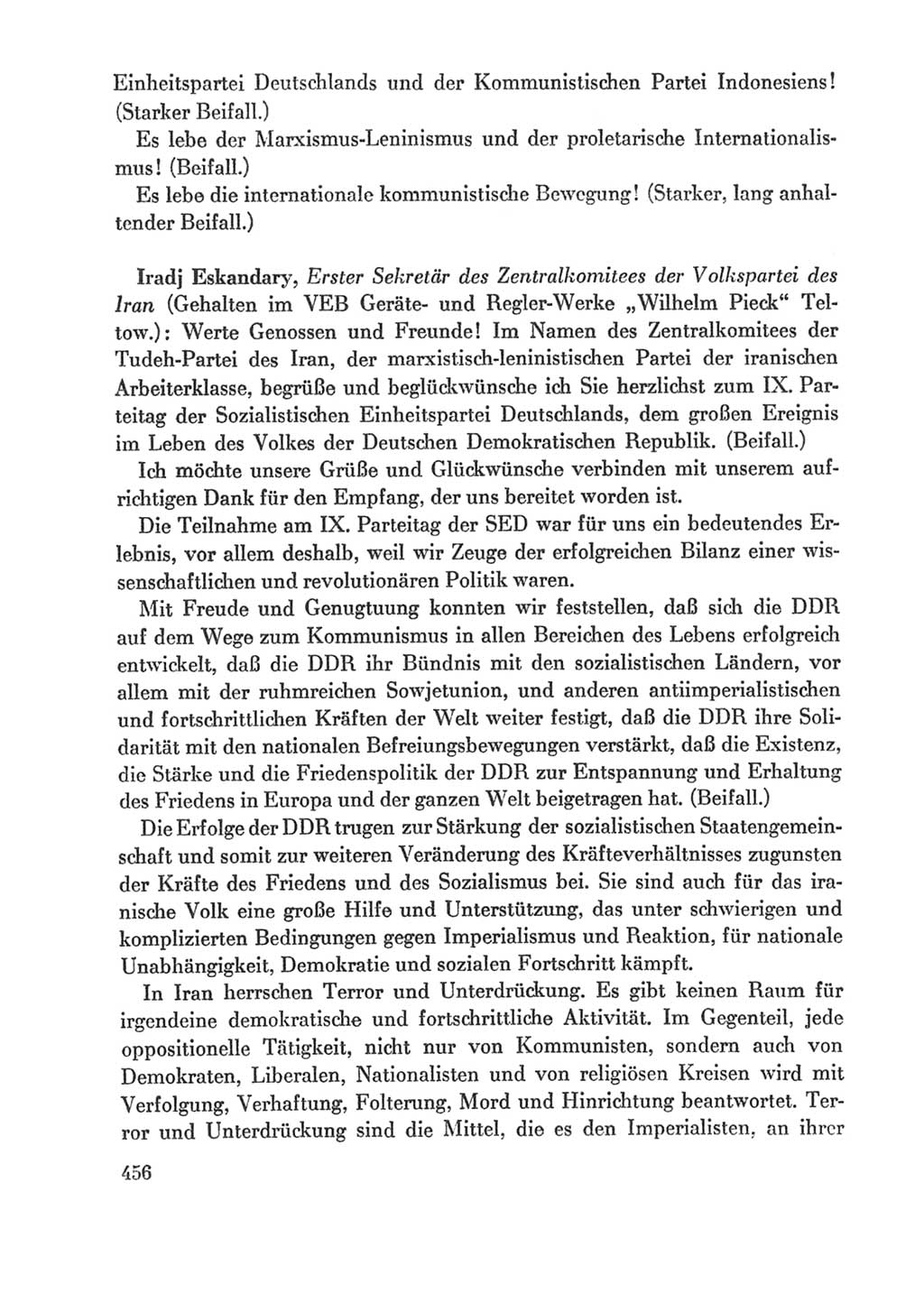 Protokoll der Verhandlungen des Ⅸ. Parteitages der Sozialistischen Einheitspartei Deutschlands (SED) [Deutsche Demokratische Republik (DDR)] 1976, Band 1, Seite 456 (Prot. Verh. Ⅸ. PT SED DDR 1976, Bd. 1, S. 456)