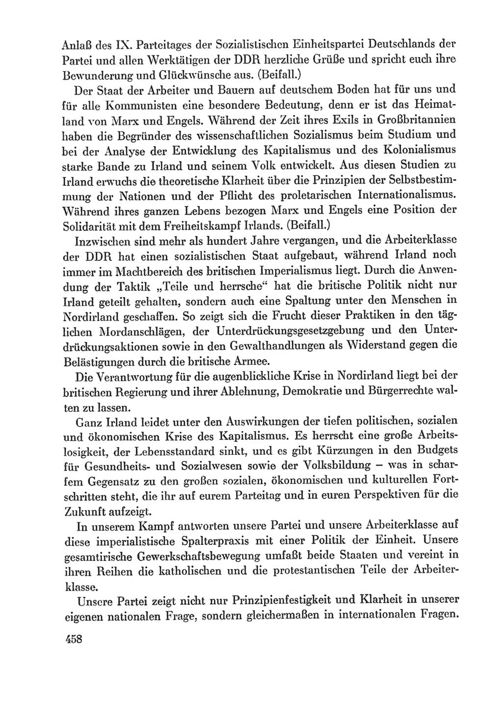 Protokoll der Verhandlungen des Ⅸ. Parteitages der Sozialistischen Einheitspartei Deutschlands (SED) [Deutsche Demokratische Republik (DDR)] 1976, Band 1, Seite 458 (Prot. Verh. Ⅸ. PT SED DDR 1976, Bd. 1, S. 458)