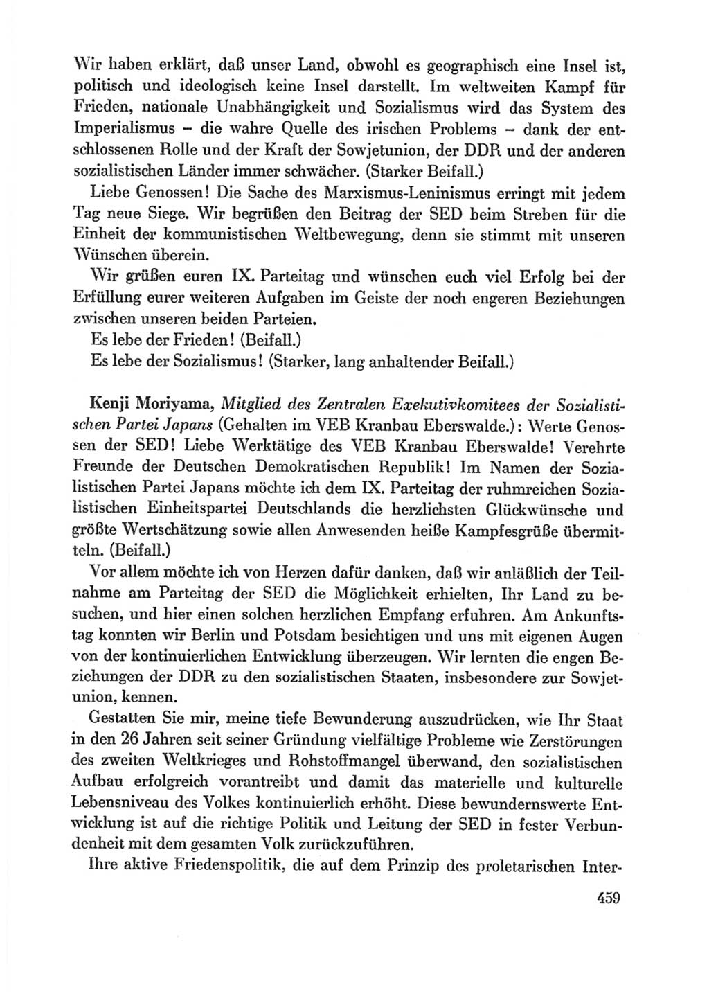 Protokoll der Verhandlungen des Ⅸ. Parteitages der Sozialistischen Einheitspartei Deutschlands (SED) [Deutsche Demokratische Republik (DDR)] 1976, Band 1, Seite 459 (Prot. Verh. Ⅸ. PT SED DDR 1976, Bd. 1, S. 459)