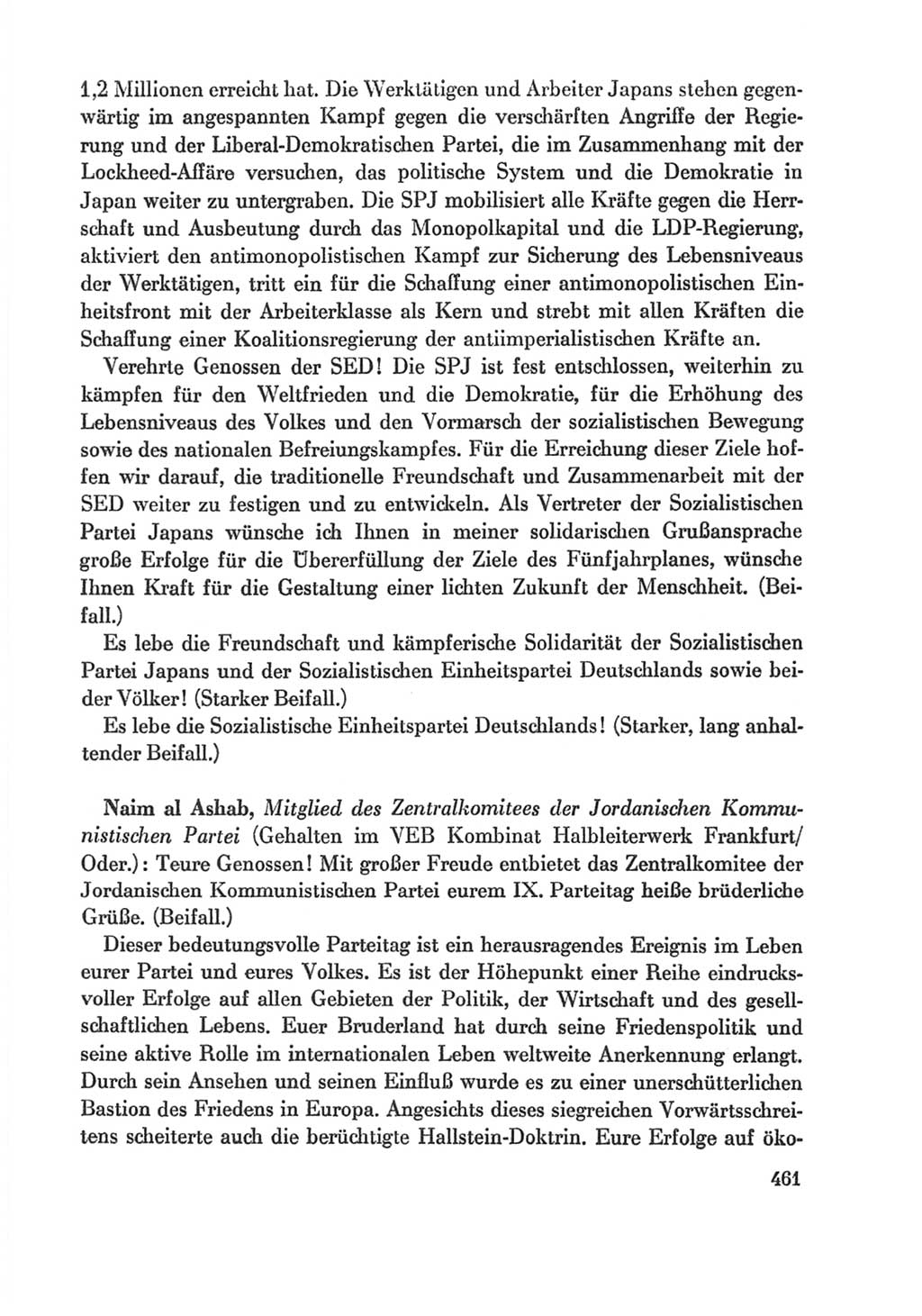 Protokoll der Verhandlungen des Ⅸ. Parteitages der Sozialistischen Einheitspartei Deutschlands (SED) [Deutsche Demokratische Republik (DDR)] 1976, Band 1, Seite 461 (Prot. Verh. Ⅸ. PT SED DDR 1976, Bd. 1, S. 461)