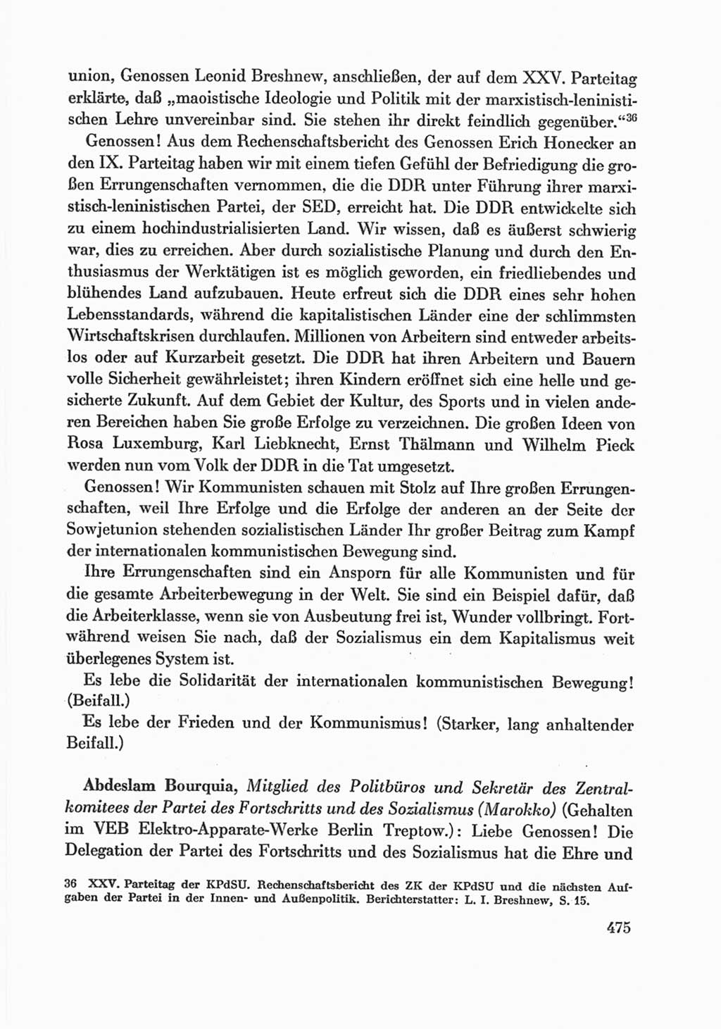 Protokoll der Verhandlungen des Ⅸ. Parteitages der Sozialistischen Einheitspartei Deutschlands (SED) [Deutsche Demokratische Republik (DDR)] 1976, Band 1, Seite 475 (Prot. Verh. Ⅸ. PT SED DDR 1976, Bd. 1, S. 475)