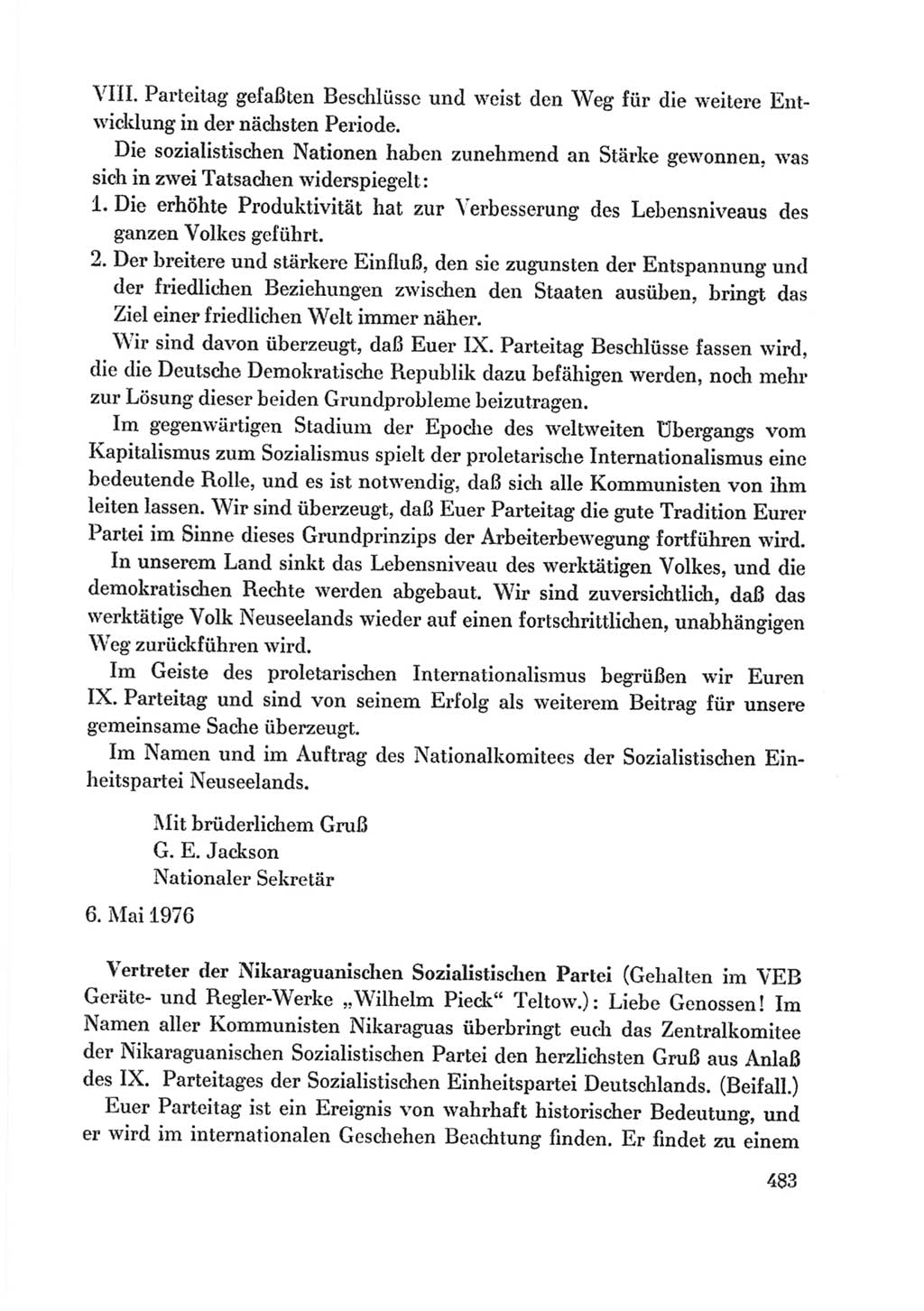 Protokoll der Verhandlungen des Ⅸ. Parteitages der Sozialistischen Einheitspartei Deutschlands (SED) [Deutsche Demokratische Republik (DDR)] 1976, Band 1, Seite 483 (Prot. Verh. Ⅸ. PT SED DDR 1976, Bd. 1, S. 483)