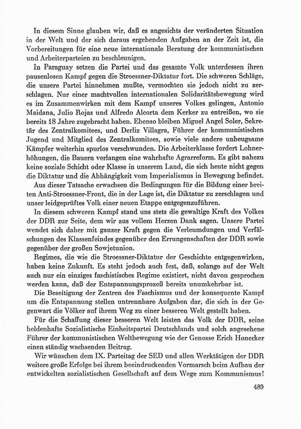 Protokoll der Verhandlungen des Ⅸ. Parteitages der Sozialistischen Einheitspartei Deutschlands (SED) [Deutsche Demokratische Republik (DDR)] 1976, Band 1, Seite 489 (Prot. Verh. Ⅸ. PT SED DDR 1976, Bd. 1, S. 489)