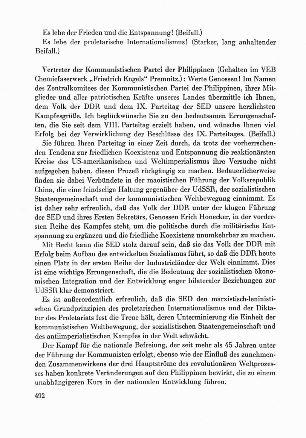 Protokoll der Verhandlungen des Ⅸ. Parteitages der Sozialistischen Einheitspartei Deutschlands (SED) [Deutsche Demokratische Republik (DDR)] 1976, Band 1, Seite 492 (Prot. Verh. Ⅸ. PT SED DDR 1976, Bd. 1, S. 492)